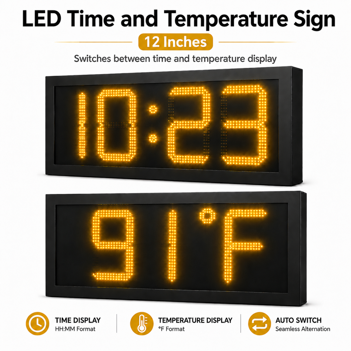 12 Inch Digits - LED Time & Temperature Sign - Amber - Auto Time/Temp Display w/ RF Remote Control