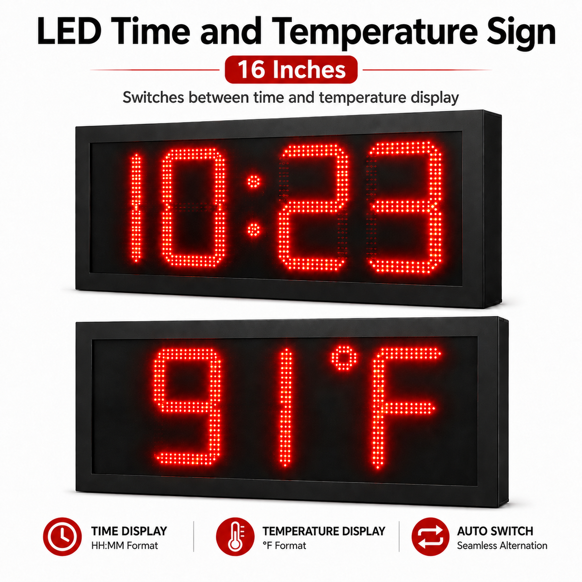 16 Inch Digits - LED Time & Temperature Sign - Red - Auto Time/Temp Display w/ RF Remote Control