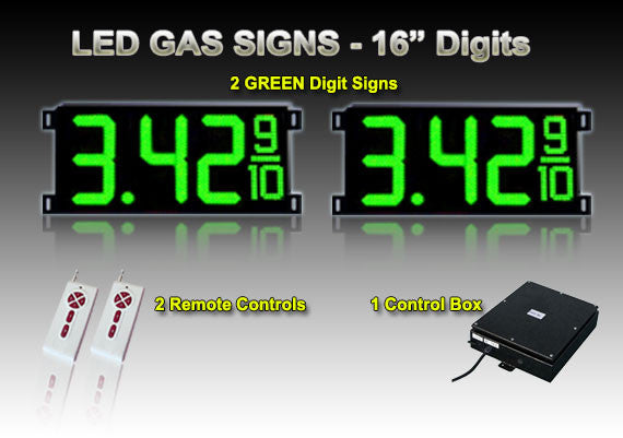 16 Inch Digits - LED Gas sign package - 2 Green Digital Price Gasoline LED SIGNS - Complete Package w/ RF Remote Control - 42"x19"