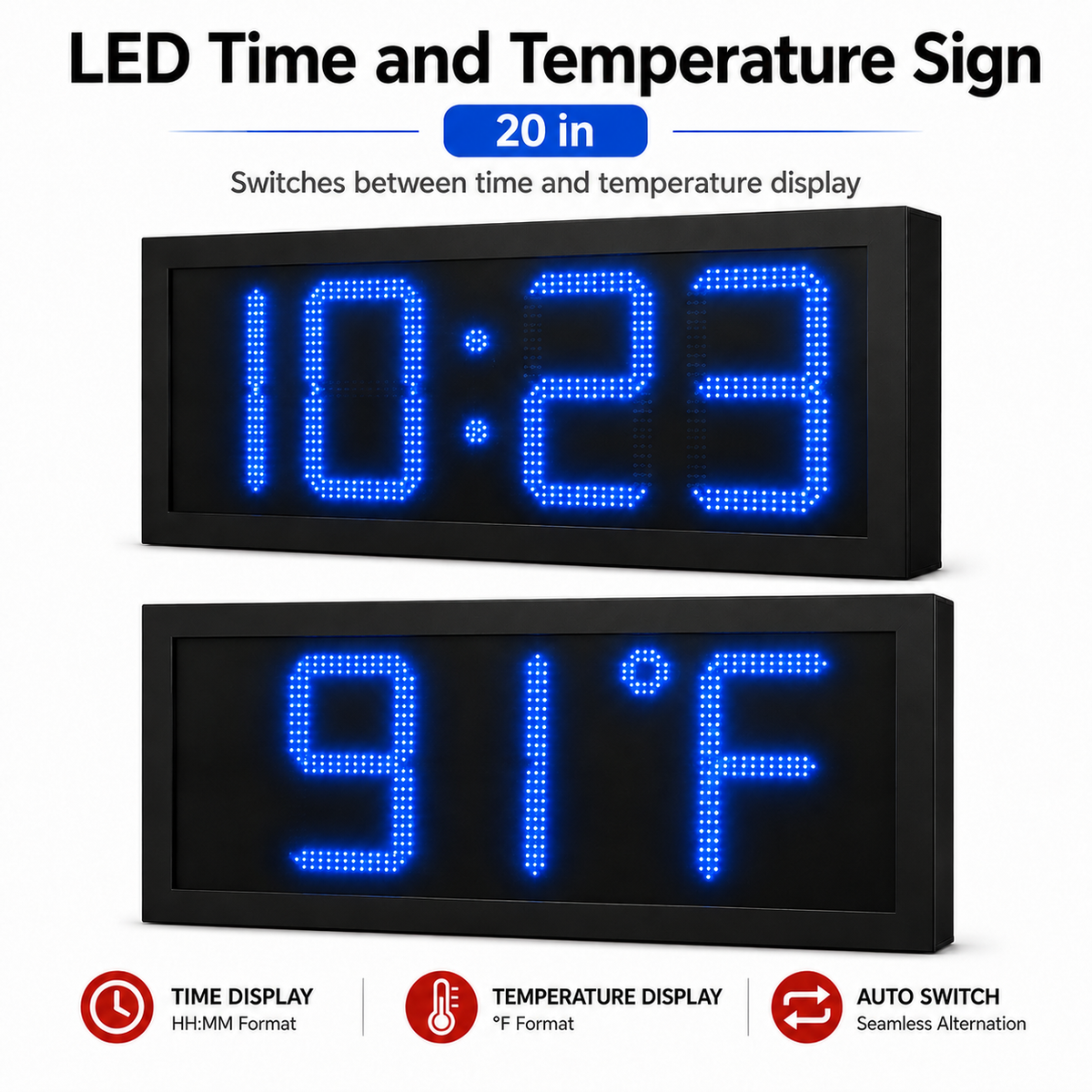 20 Inch Digits - LED Time & Temperature Sign - Blue - Auto Time/Temp Display w/ RF Remote Control