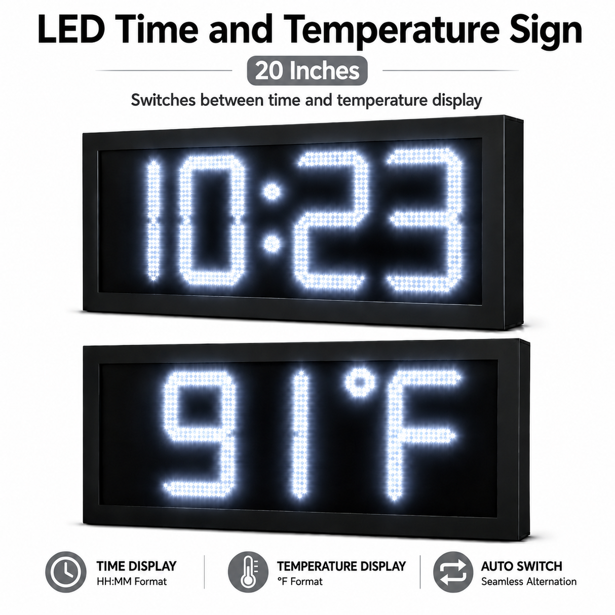 20 Inch Digits - LED Time & Temperature Sign - White - Auto Time/Temp Display w/ RF Remote Control