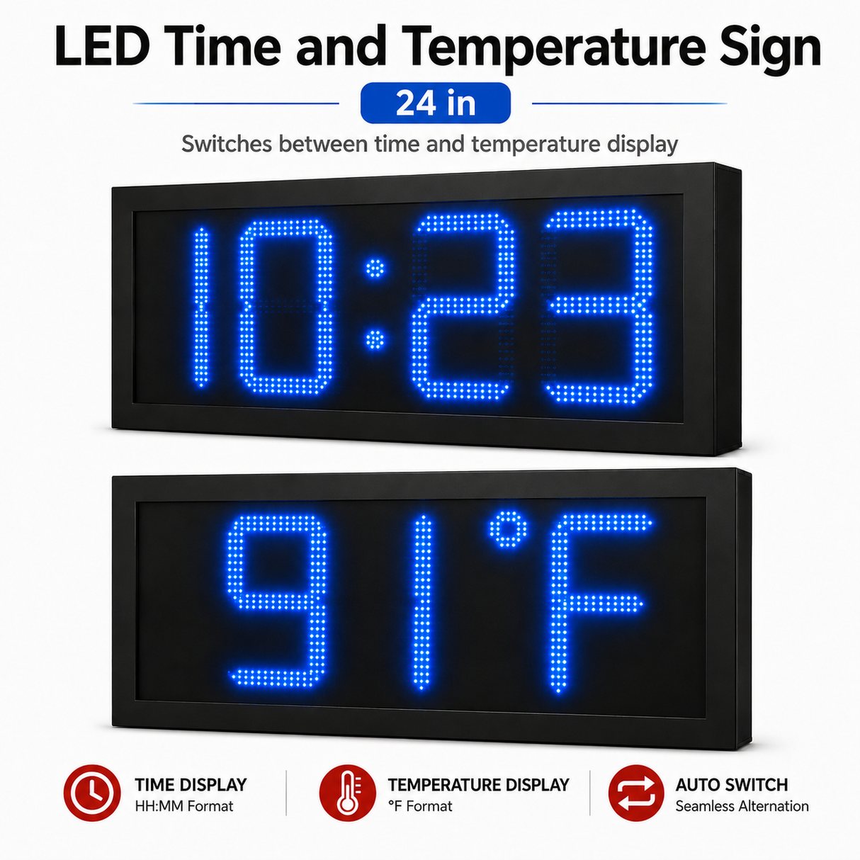 24 Inch Digits - LED Time & Temperature Sign - Blue - Auto Time/Temp Display w/ RF Remote Control