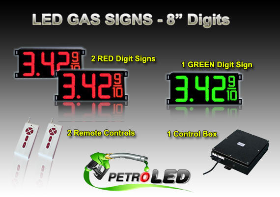 8 Inch Digits - LED Gas sign package - 2 Red & 1 Green Digital Price Gasoline LED SIGNS - Complete Package w/ RF Remote Control - 26"x11"