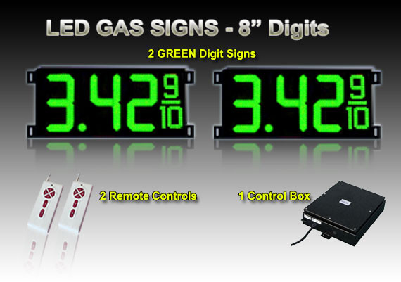 8 Inch Digits - LED Gas sign package - 2 Green Digital Price Gasoline LED SIGNS - Complete Package w/ RF Remote Control - 26"x11"