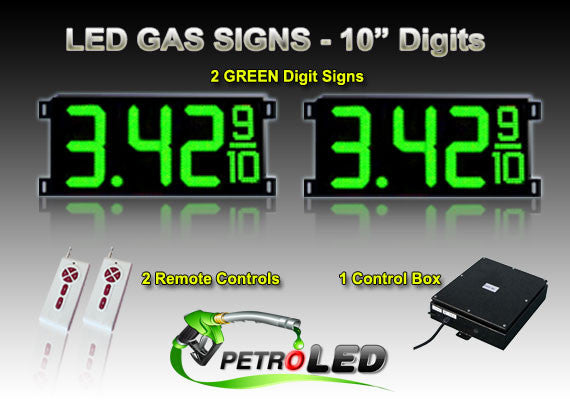 10 Inch Digits - LED Gas sign package - 2 Green Digital Price Gasoline LED SIGNS - Complete Package w/ RF Remote Control - 28"x13"
