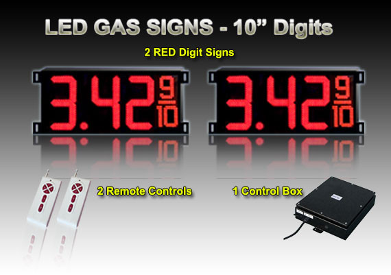 10 Inch Digits - LED Gas sign package - 2 Red Digital Price Gasoline LED SIGNS - Complete Package w/ RF Remote Control - 28"x13"