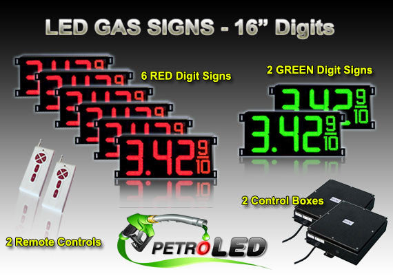 16 Inch Digits - LED Gas sign package - 6 Red & 2 Green Digital Price Gasoline LED SIGNS - Complete Package w/ RF Remote Control - 42"x19"