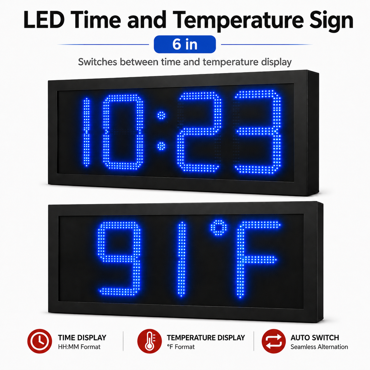 6 Inch Digits - LED Time & Temperature Sign - Blue - Auto Time/Temp Display w/ RF Remote Control