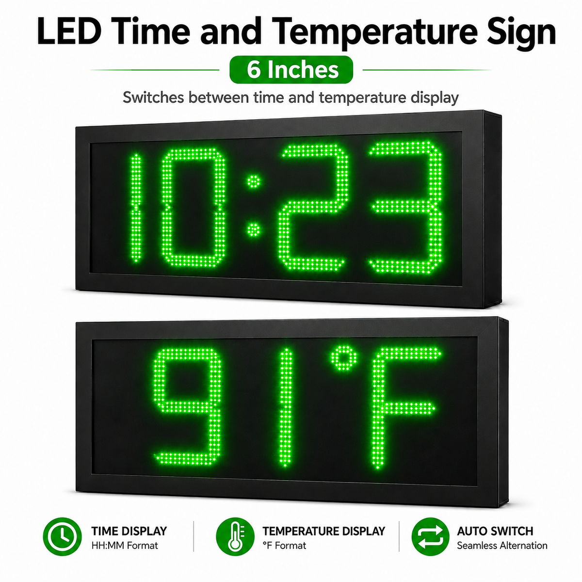 6 Inch Digits - LED Time & Temperature Sign - Green - Auto Time/Temp Display w/ RF Remote Control