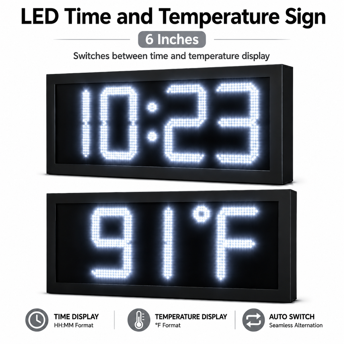 6 Inch Digits - LED Time & Temperature Sign - White - Auto Time/Temp Display w/ RF Remote Control