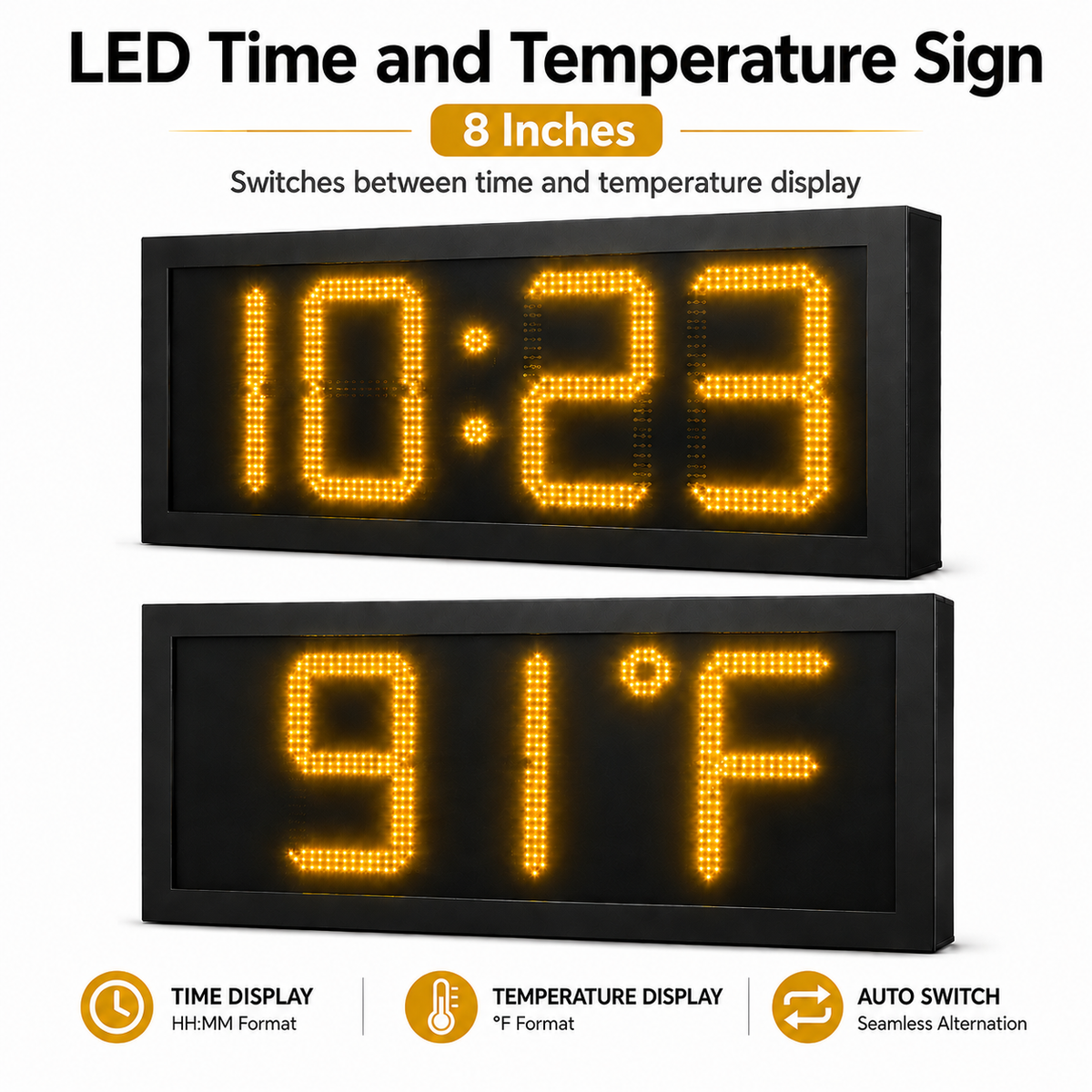 8 Inch Digits - LED Time & Temperature Sign - Amber - Auto Time/Temp Display w/ RF Remote Control