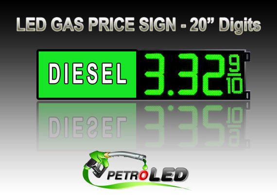 20" DIESEL Gas Price LED Sign - Green LEDs with 3 Large Digits & fraction digits - Lighted Section to the left - 5 Year Warranty