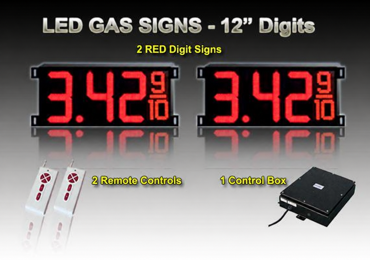12 Inch Digits - LED Gas sign package - 2 Red Digital Price Gasoline LED SIGNS - 5 Year Warranty - Complete Package w/ RF Remote Control - 33"x15"