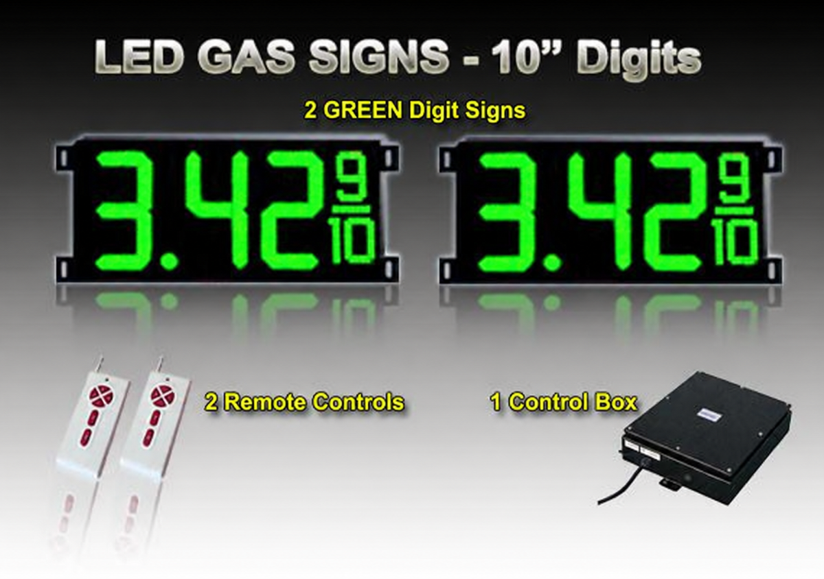 10 Inch Digits - LED Gas sign package - 2 Green Digital Price Gasoline LED SIGNS - Complete Package w/ RF Remote Control -  28"x13"