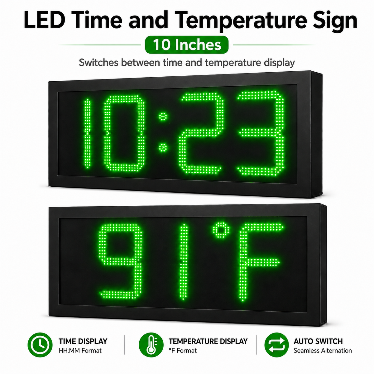 10 Inch Digits - LED Time & Temperature Sign - Green - Auto Time/Temp Display w/ RF Remote Control