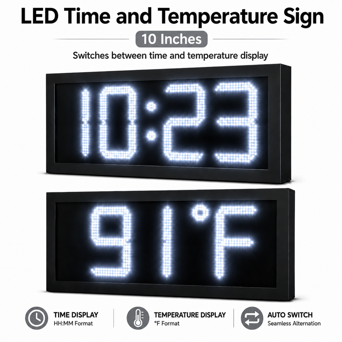 10 Inch Digits - LED Time & Temperature Sign - White - Auto Time/Temp Display w/ RF Remote Control
