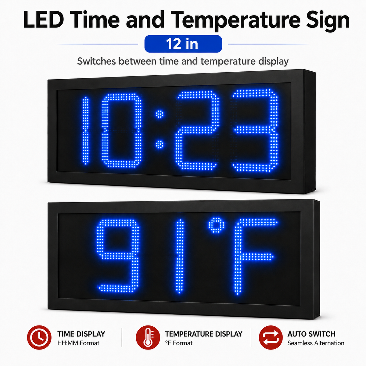 12 Inch Digits - LED Time & Temperature Sign - Blue - Auto Time/Temp Display w/ RF Remote Control