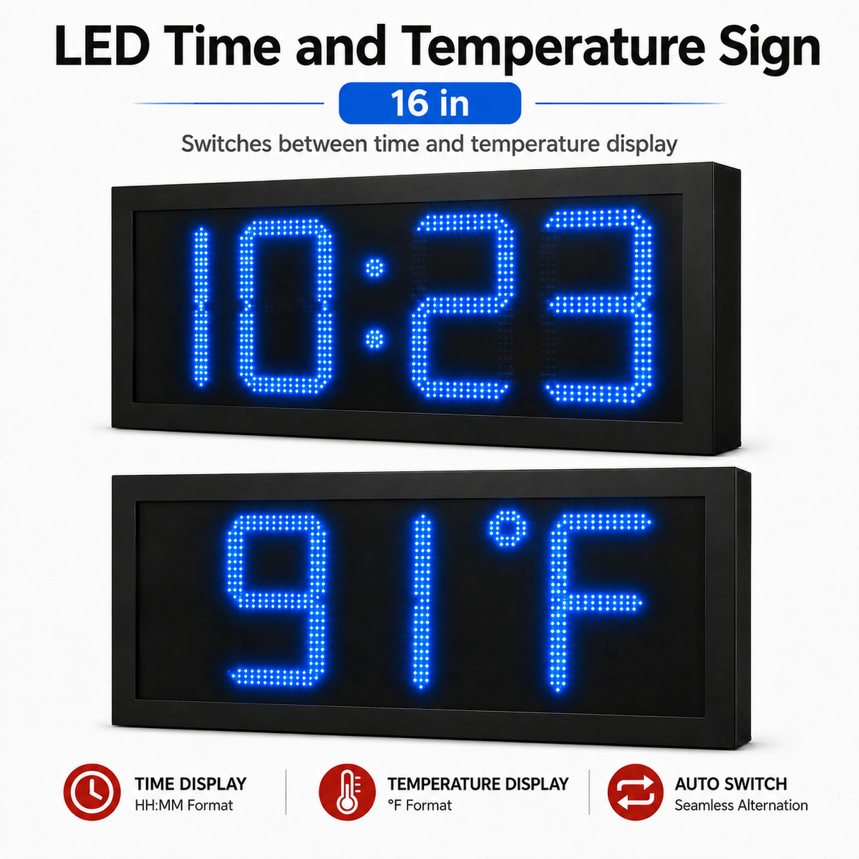 16 Inch Digits - LED Time & Temperature Sign - Blue - Auto Time/Temp Display w/ RF Remote Control