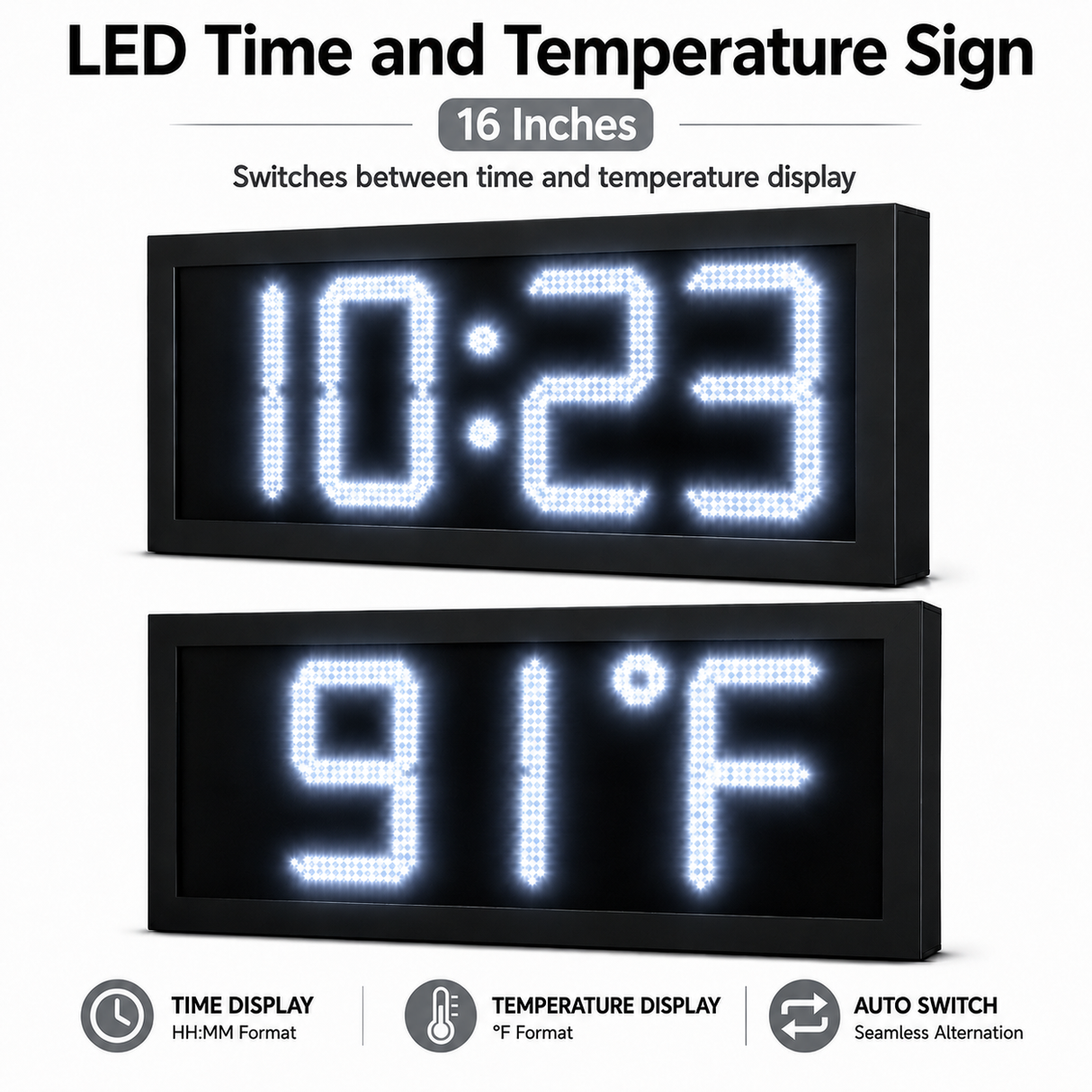 16 Inch Digits - LED Time & Temperature Sign - White - Auto Time/Temp Display w/ RF Remote Control