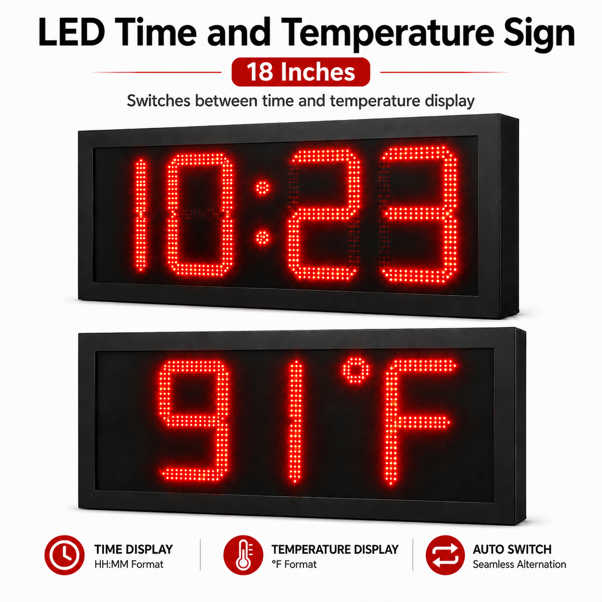 18 Inch Digits - LED Time & Temperature Sign - Red - Auto Time/Temp Display w/ RF Remote Control