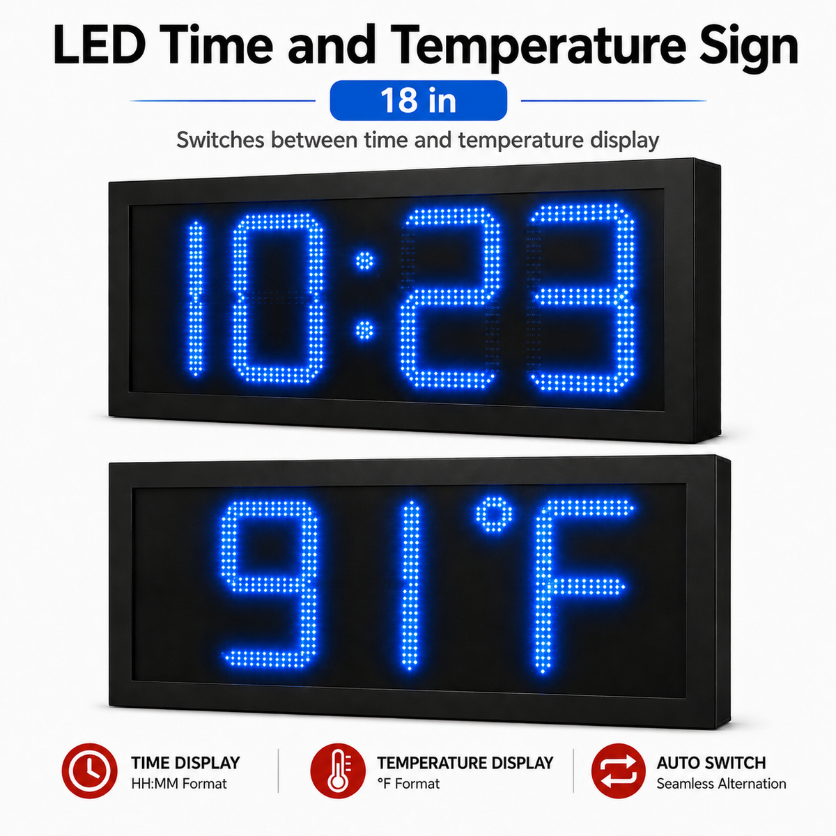 18 Inch Digits - LED Time & Temperature Sign - Blue - Auto Time/Temp Display w/ RF Remote Control