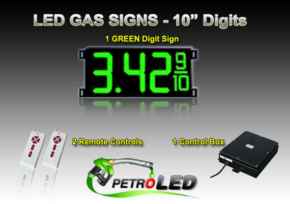 10 Inch Digits - LED Gas sign package - 1 Green Digital Price Gasoline LED SIGNS - Complete Package w/ RF Remote Control - 28"x13"