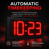 6 Inch Digits - LED Time & Temperature Sign - Red - Auto Time/Temp Display w/ RF Remote Control