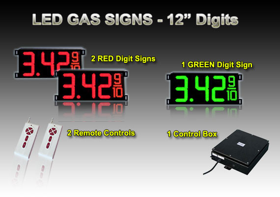 12 Inch Digits - LED Gas sign package - 2 Red & 1 Green Digital Price Gasoline LED SIGNS - 5 Year Warranty - Complete Package w/ RF Remote Control - 33"x15"