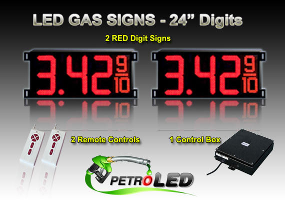 24 Inch Digits - LED Gas sign package - 2 Red Digital Price Gasoline LED SIGNS - Complete Package w/ RF Remote Control - 65"x27"