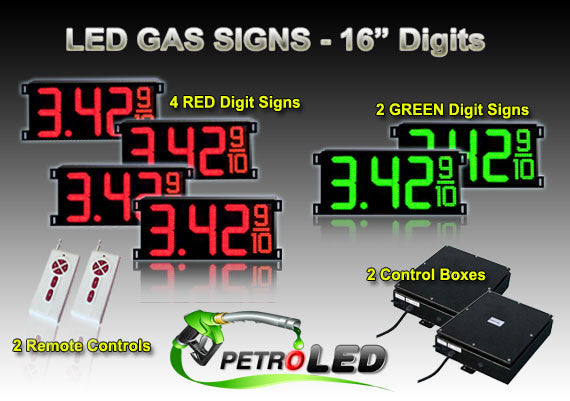 16 Inch Digits - LED Gas sign package - 4 Red & 2 Green Digital Price Gasoline LED SIGNS - Complete Package w/ RF Remote Control - 42"x19"