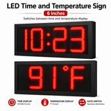 6 Inch Digits - LED Time & Temperature Sign - Red - Auto Time/Temp Display w/ RF Remote Control