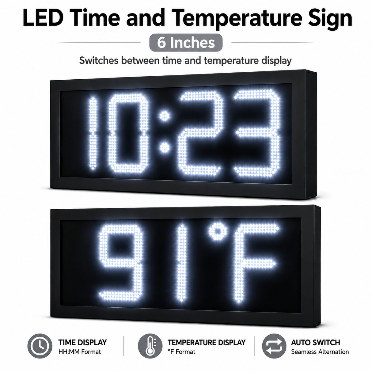 6 Inch Digits - LED Time & Temperature Sign - White - Auto Time/Temp Display w/ RF Remote Control