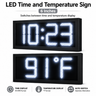 6 Inch Digits - LED Time & Temperature Sign - White - Auto Time/Temp Display w/ RF Remote Control
