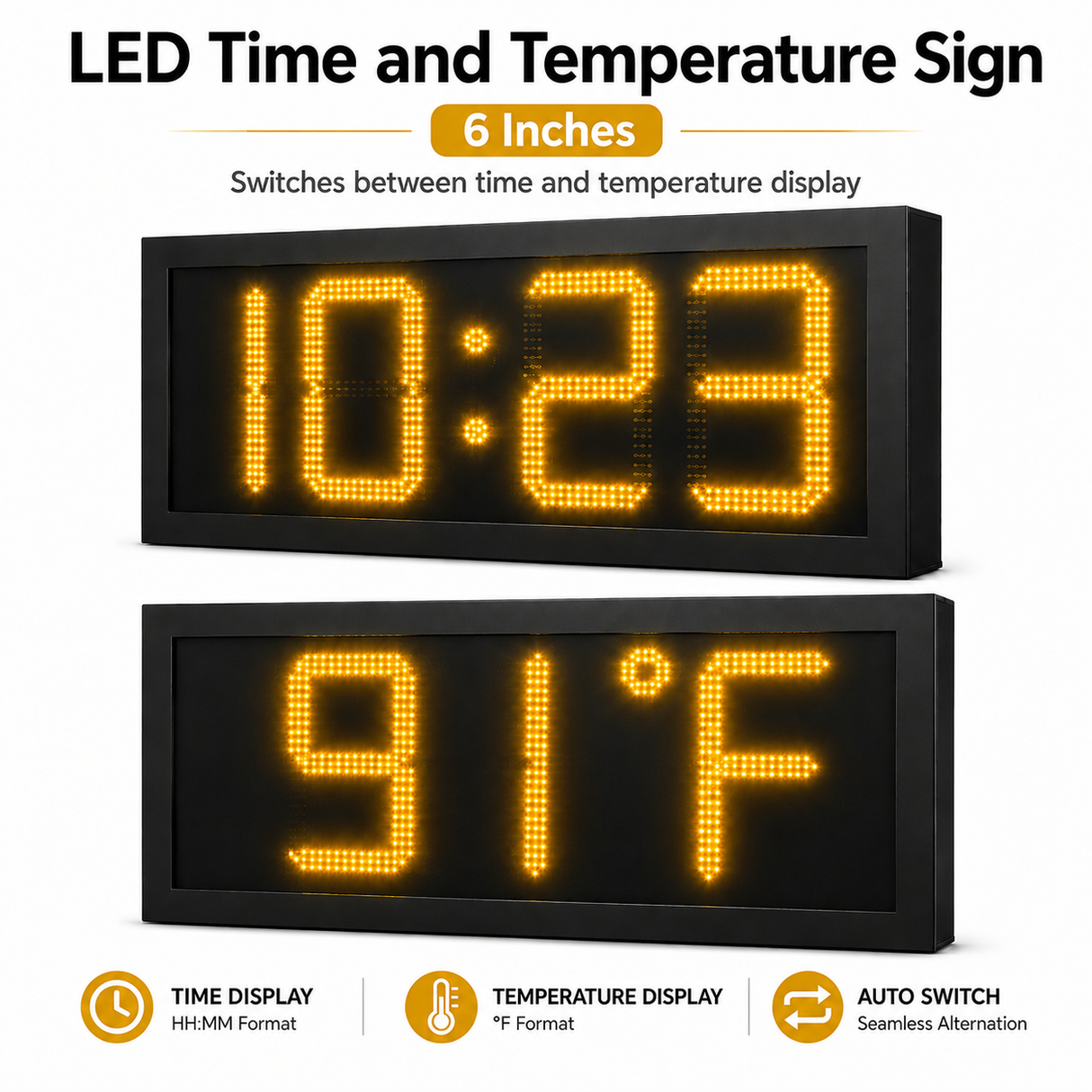 6 Inch Digits - LED Time & Temperature Sign - Amber - Auto Time/Temp Display w/ RF Remote Control