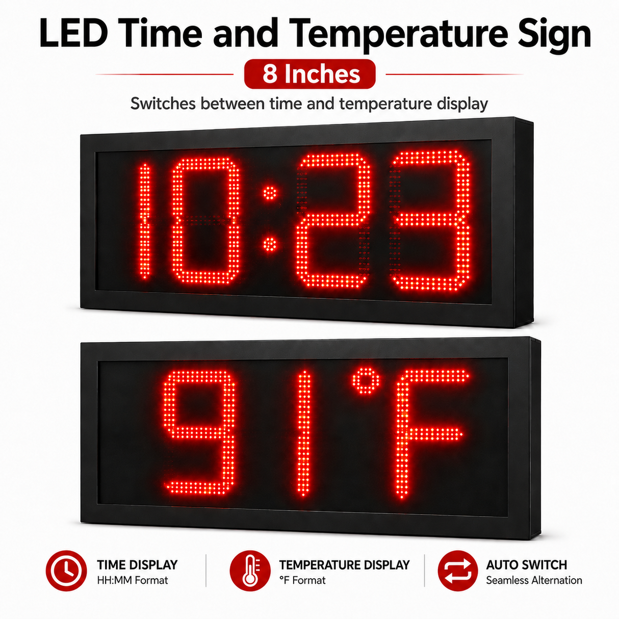 8 Inch Digits - LED Time & Temperature Sign - Red - Auto Time/Temp Display w/ RF Remote Control