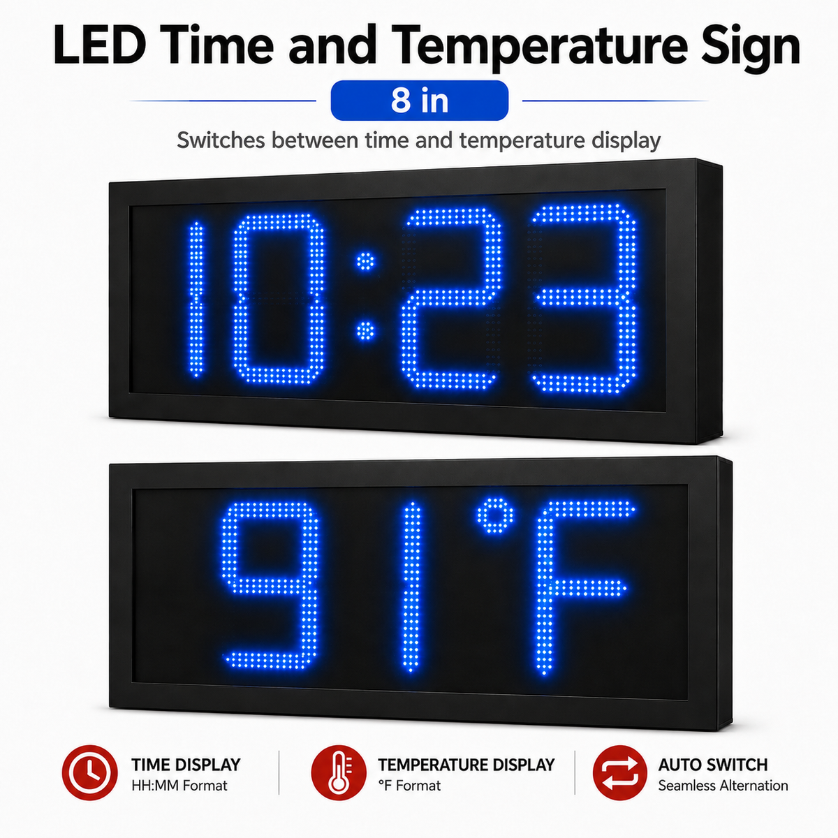 8 Inch Digits - LED Time & Temperature Sign - Blue - Auto Time/Temp Display w/ RF Remote Control