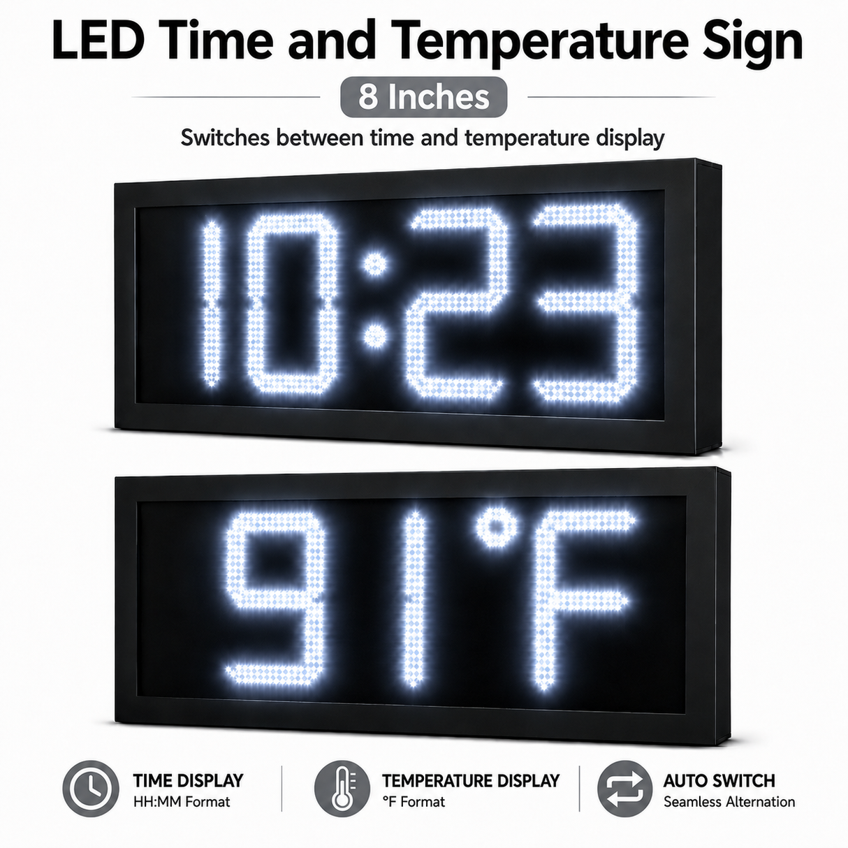 8 Inch Digits - LED Time & Temperature Sign - White - Auto Time/Temp Display w/ RF Remote Control