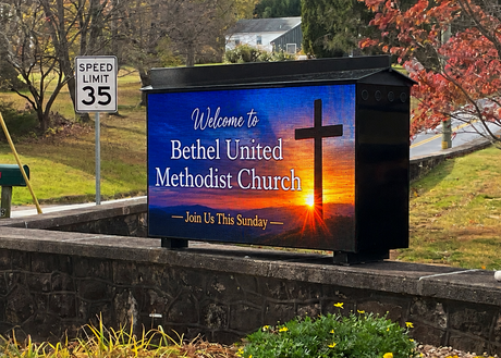 Bethel United Methodist Church LED sign at dusk - Petro LED outdoor full color LED sign