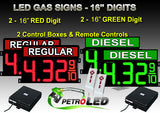 16 Inch Digits - LED Gas sign package - 2 Red (REGULAR) & 2 Green (DIESEL) Digital Price Gasoline LED SIGNS - Complete Package w/ RF Remote Control - 42"x30"