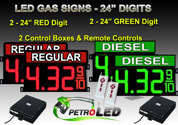 24 Inch Digits - LED Gas sign package - 2 Red (REGULAR) & 2 Green (DIESEL) Digital Price Gasoline LED SIGNS - Complete Package w/ RF Remote Control - 65"x38"